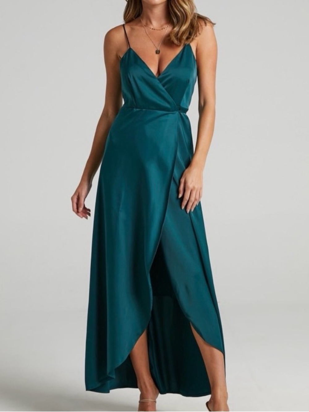 NWT Showpo Satin Maxi Dress Emerald High-Low V-Neck Wrap Style Formal Size 6